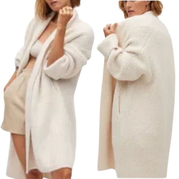 MNG Mango Wool Blend Long Sleeve Open Front Chunky Knit Cardigan Ivory Women's S - Picture 1 of 9